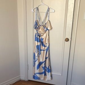Ciebón Satin Floral Slip Dress in Cream and Blue